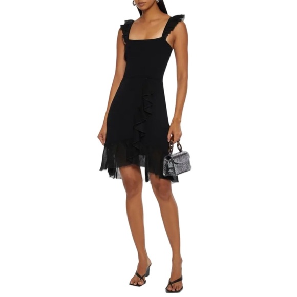 Sandro Laurana Black Ribbed Knit Ruffled Mesh Trimmed Mini Dress US Size 6 EU 38 - Picture 1 of 11